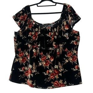 Tempted Top Womens‎ 3X Plus Floral Velvet Fall Elastic Shoulders Off Cozy